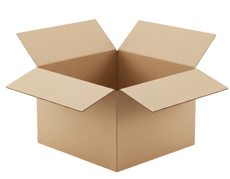 Boîte en carton vide ouverte | Emballage et Déménagement facile Boîte d'emballage en carton ondulé marron, grande et vide. Les quatre rabats sont ouverts vers le haut, isolée sur noir.