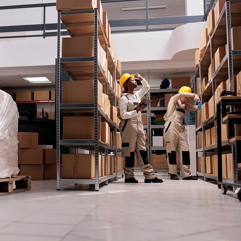 Inventaire et logistique: deux ouvriers dans l'entrepôt. Deux ouvriers en casque gèrent l'inventaire et le stockage dans un entrepôt. Ils inspectent les rayonnages remplis de cartons et utilisent une tablette.