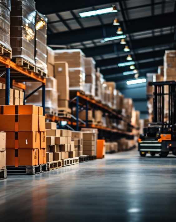 Logistique et Stockage: Entrepôt industriel moderne et organisé. Grand entrepôt logistique. Allée centrale avec racks de stockage et piles de cartons orange et bruns sur palettes. Chariot élévateur visible.
