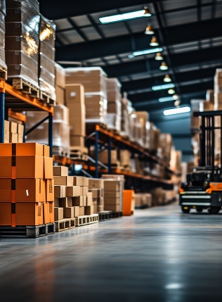 Entrepôt de logistique avec rayonnages industriels chargés de cartons et de palettes. Un chariot élévateur opère dans l'allée centrale.