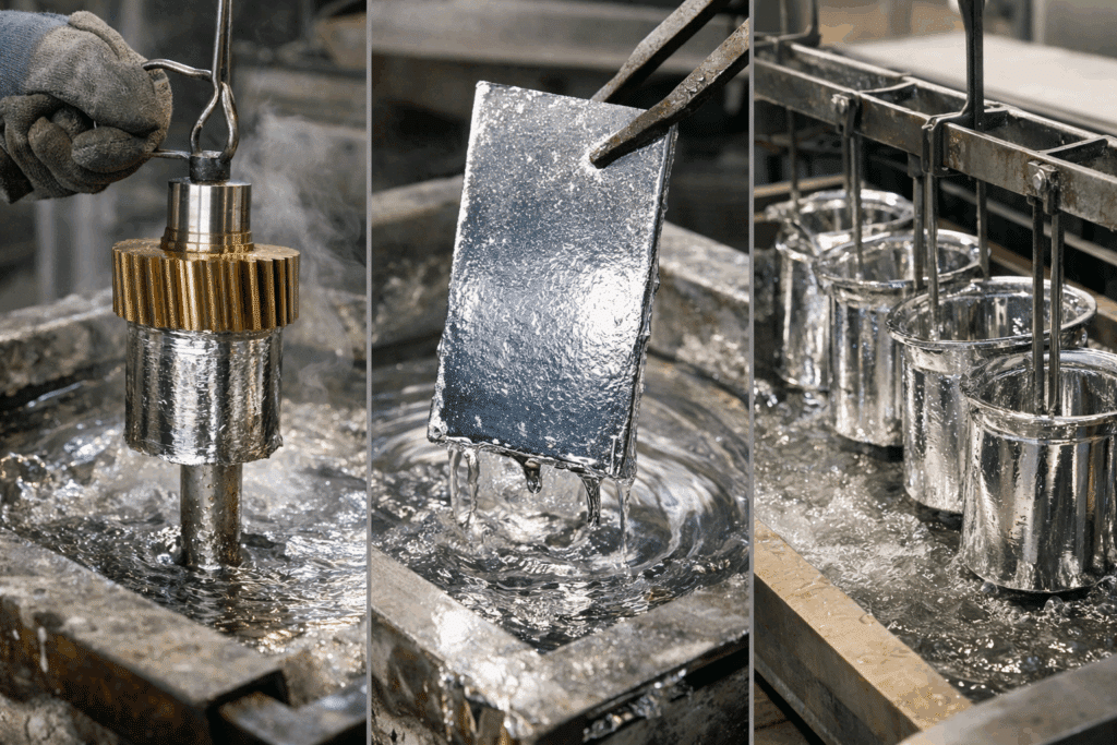 Galvanisation en bain chaud : Revêtement protecteur du métal. Galvanisation en bain chaud. Immersion d'un engrenage et d'une plaque dans le métal fondu, révélant le revêtement protecteur argenté sur les pièces industrielles.