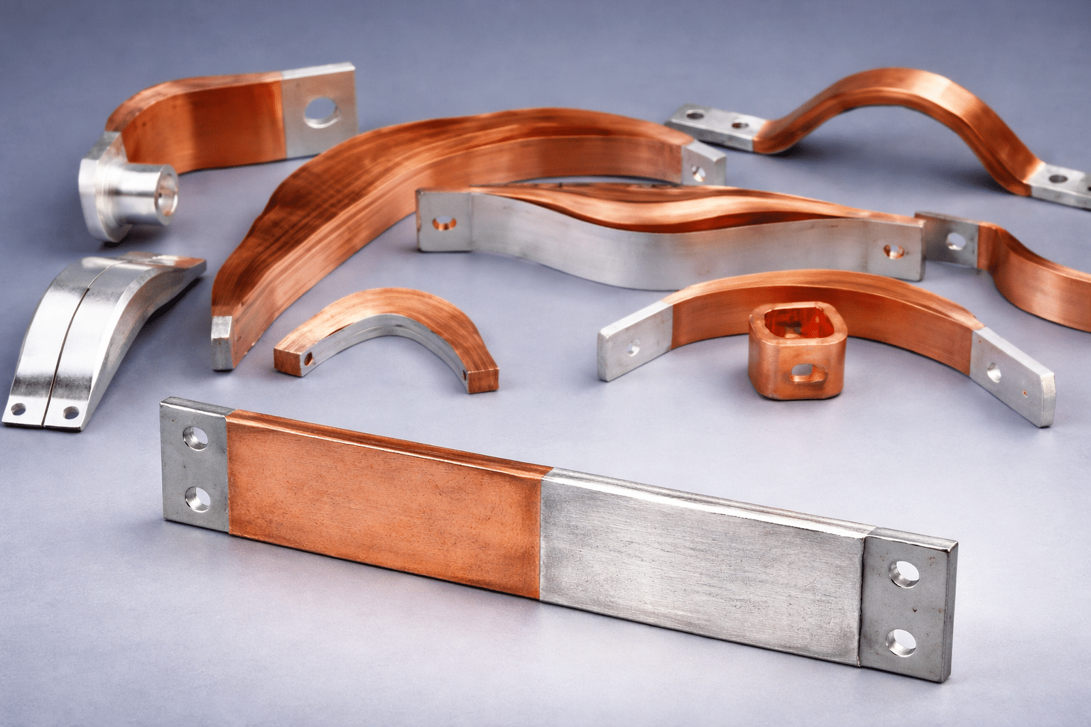 Liaisons et barres omnibus électriques flexibles et rigides. Connecteurs de puissance en cuivre nu et étamé pour applications haute intensité.